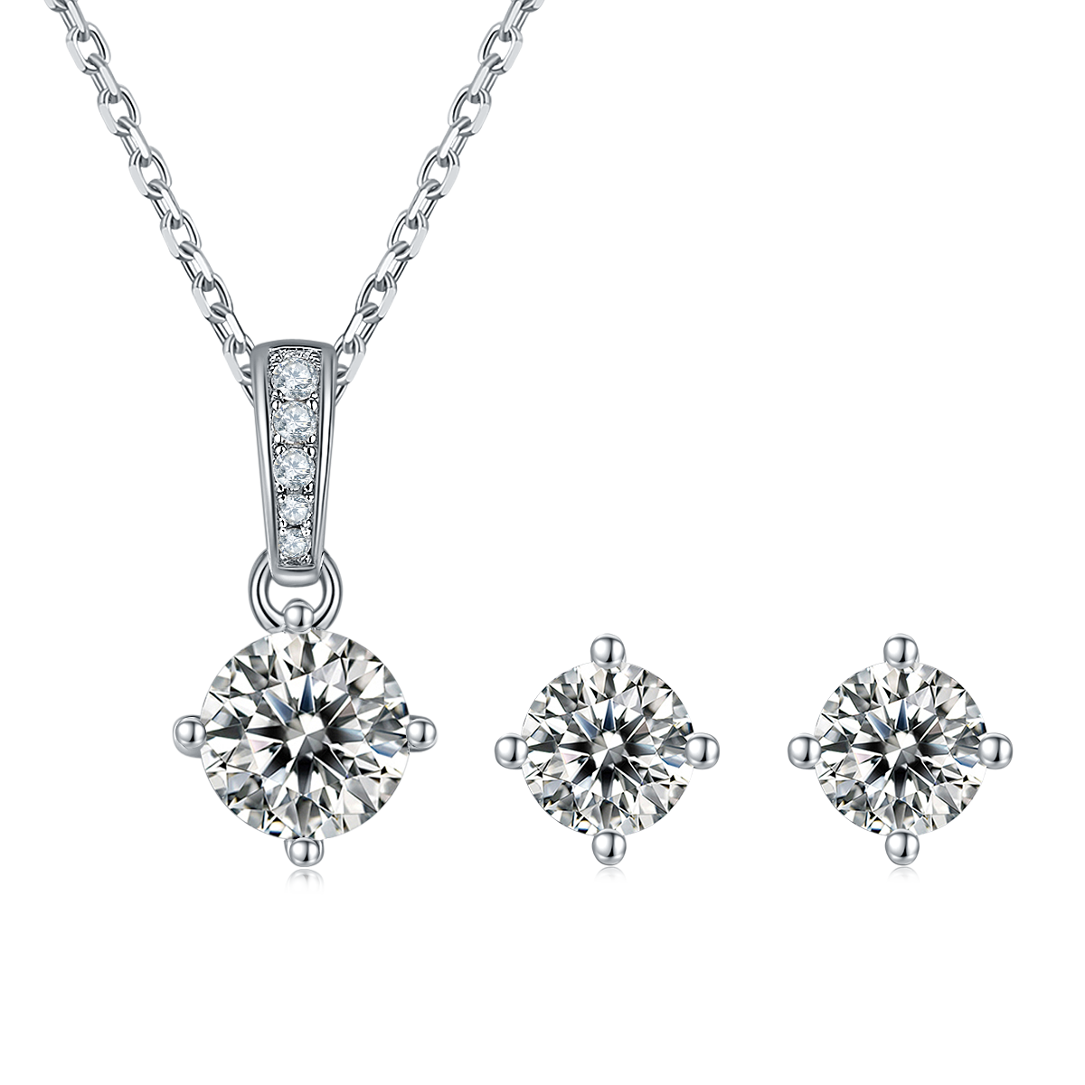 Classic Four Claw S925 Silver Plated Platinum Moissanite Diamond Pendant Earnail Set
